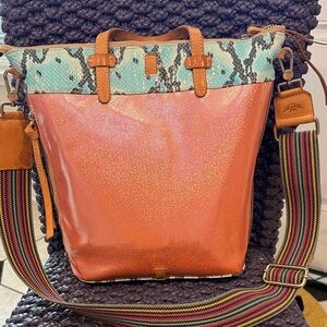 Women's Shimmery Coral Tote Bag with Turquoise Snake-Print Accent